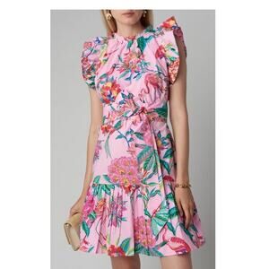 Banjanan Bulbul's Sister Pink Tropical Flamingo Print Belted Mini Dress Sz M